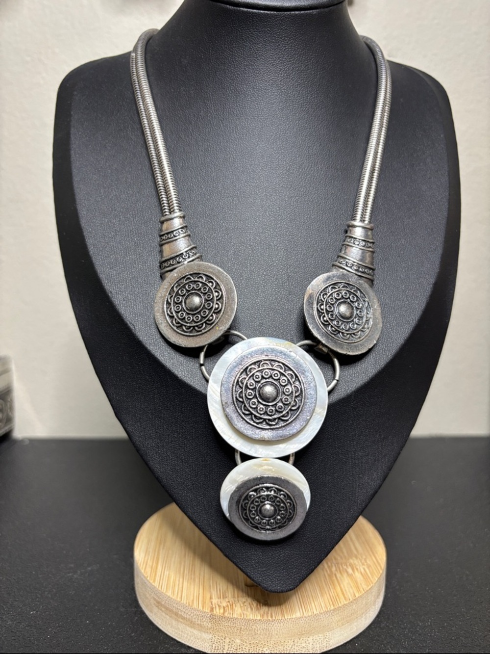 Silver Tone Round Disc Mother of Pearl Snake Double Chain Statement Necklace